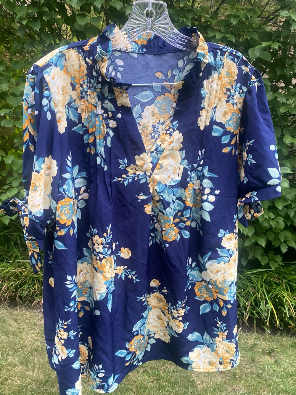 Floral Navy & Yellow V-Neck Short Sleeve Ruffle Top Blouse with Bowes on Sleeve